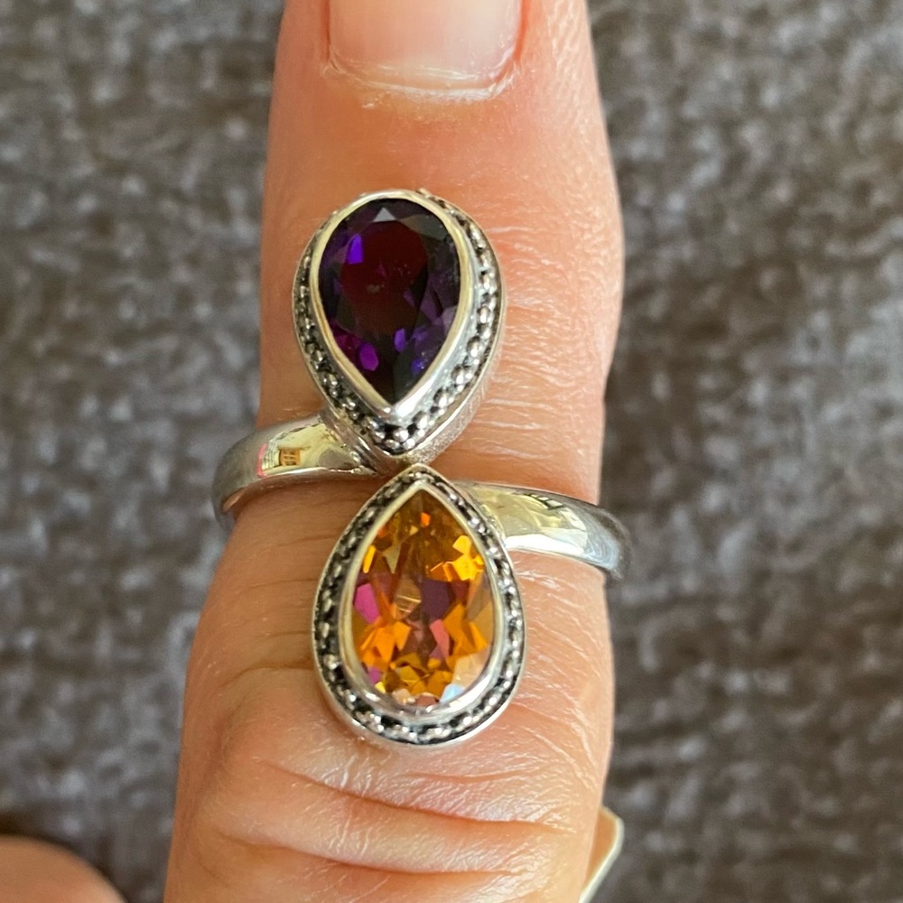 Lori Bonn Twilight Topaz & Amethyst Double Pear Ring Size 6